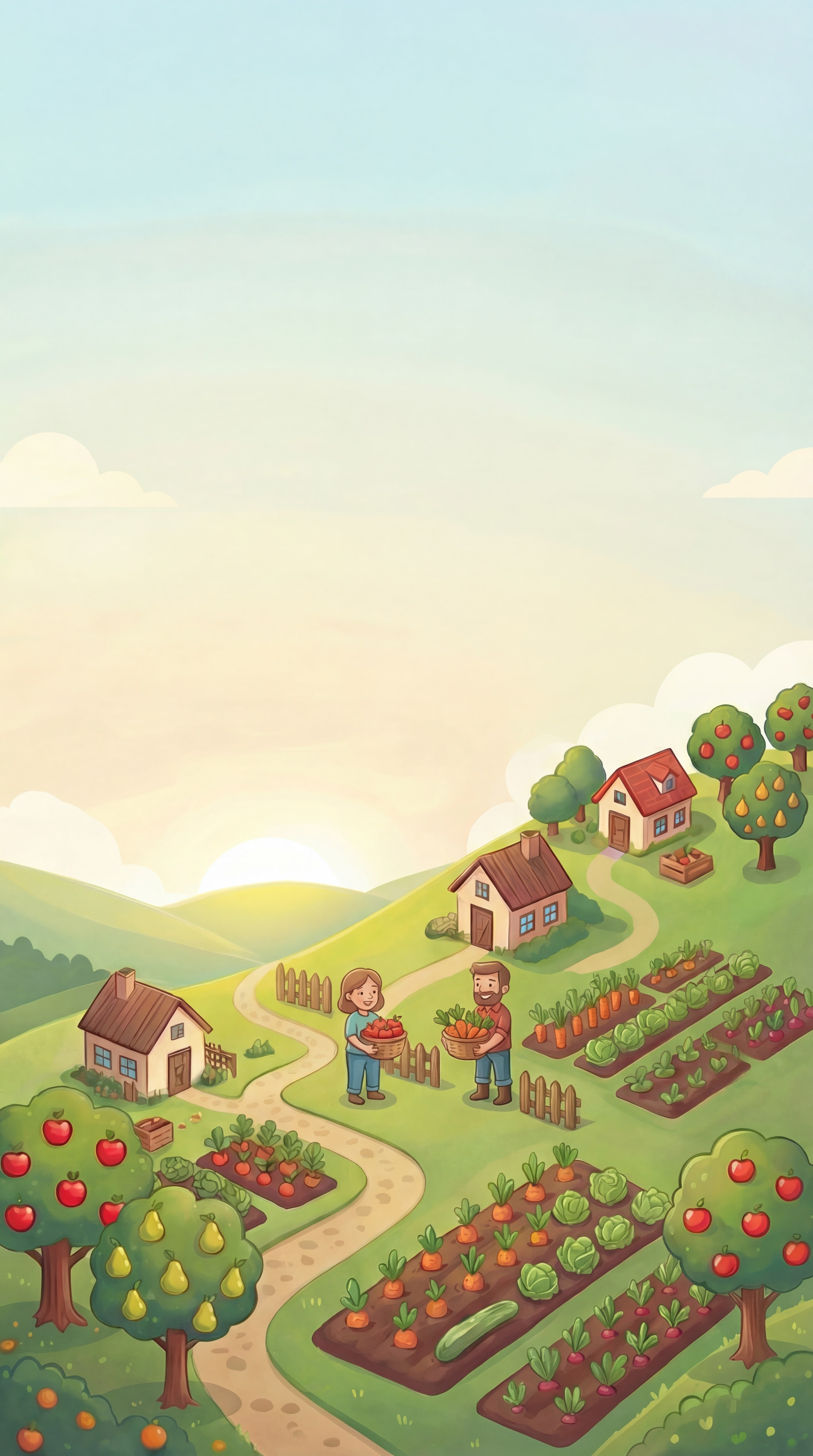 Idyllische Gartenlandschaft mit Obstbäumen und Gemüsebeeten